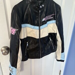 Forever 21 Black and Cream Leather Jacket with Pink and Blue Accents
